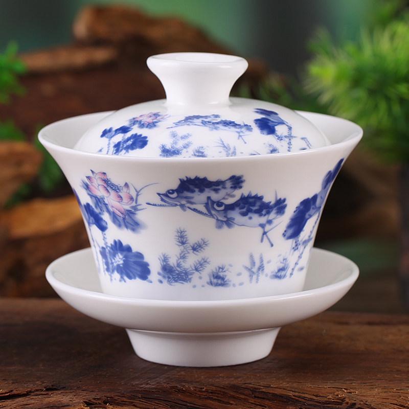 Gaiwan Teacup Set: Blue and White Ceramic with Lid, 120ml Capacity
