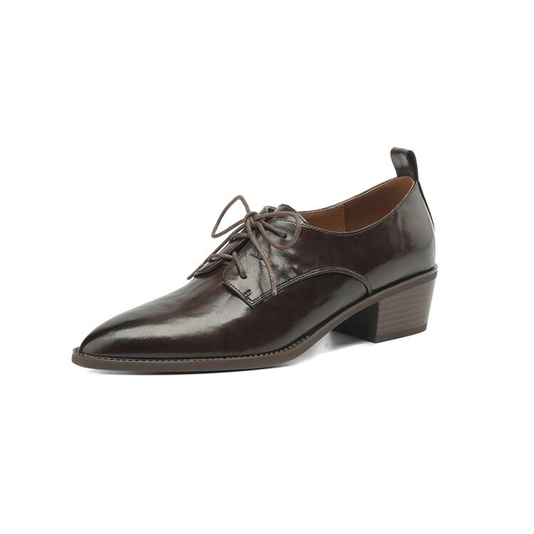 Fashion New Spring Split Leather Women Shoes Pointed Toe Women Pumps Chunky Heels Lace Loafers Shoes for Women French Retro Casual Shoes