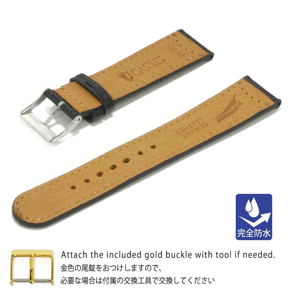 CASSIS MONACO 20mm Leather (Embossed Cowhide) Watch Strap with Waterproof Backing, Black, Includes Replacement Tool, U1035222019020M