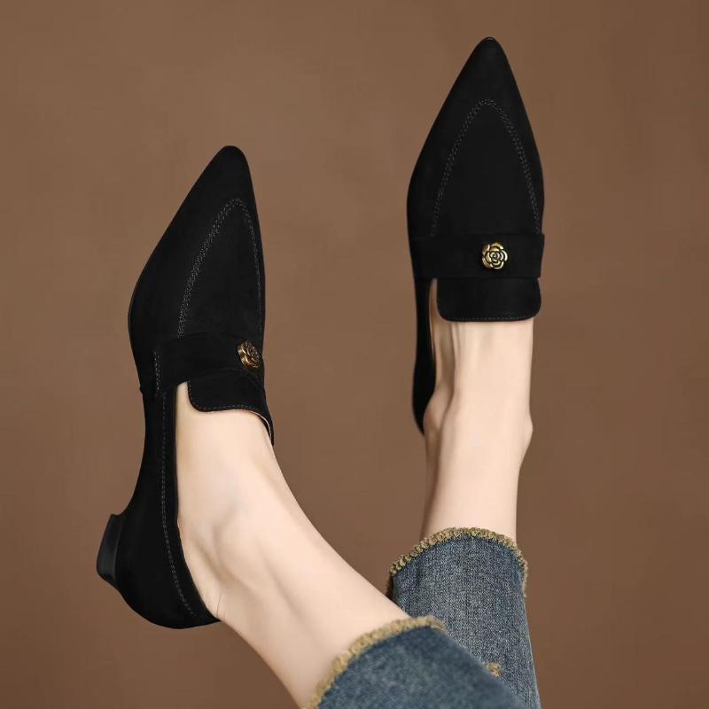 

Мода 2025 Новая Овечья Замша Элегантные Весенние Туфли Массивный Каблук Оксфорды Слипоны Деловой Повседневный Женские Металлические Цветы Лоферы Туфли-Лодочки 35 чёрный