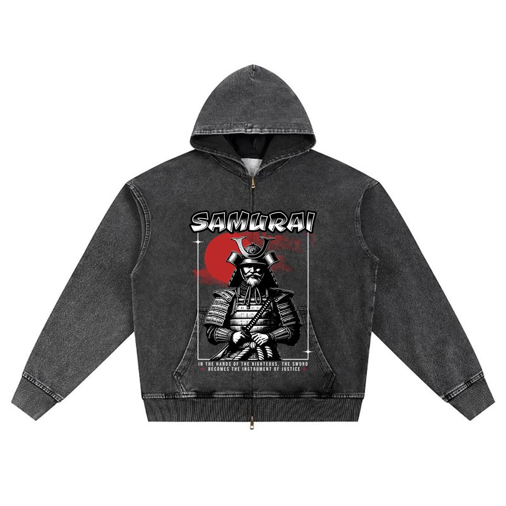 DTG Print Knitted Denim Zip-Up Hoodie Japan Samurai Brother Print Zipper Hoodies