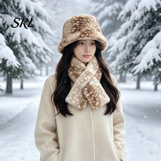 Cute Deer Print Hat Women Spotted Hat, Faux Fur Bucket Winter Scarf, Fisherman Soft Cozy Furry for Girls, Autumn Accessory Brown White Gradient