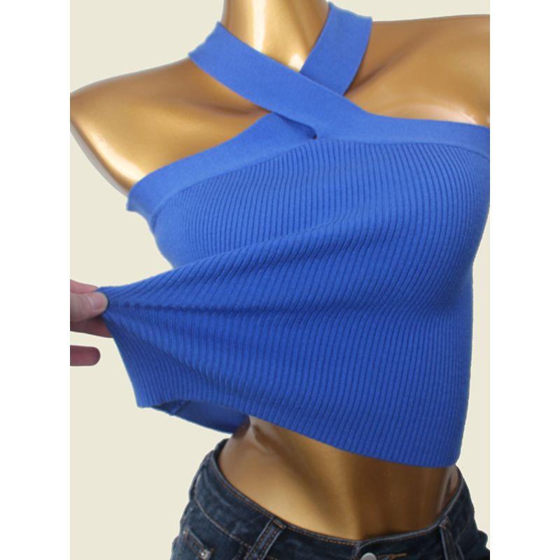 European and American Fashion Short Cami Classic Women Clothes Hanging Neck off-Shoulder Cross Elastic Texture Knit
