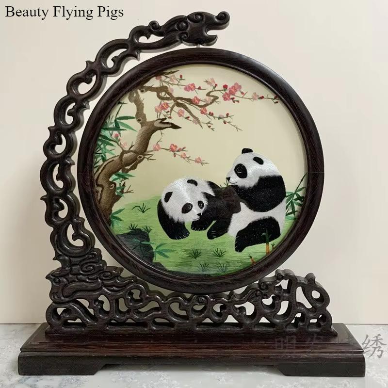 1pc, Su Embroidery Ornaments, Chinese Embroidery Crafts, Double Sided Embroidered Ornament, Solid Wood Desktop Decoration