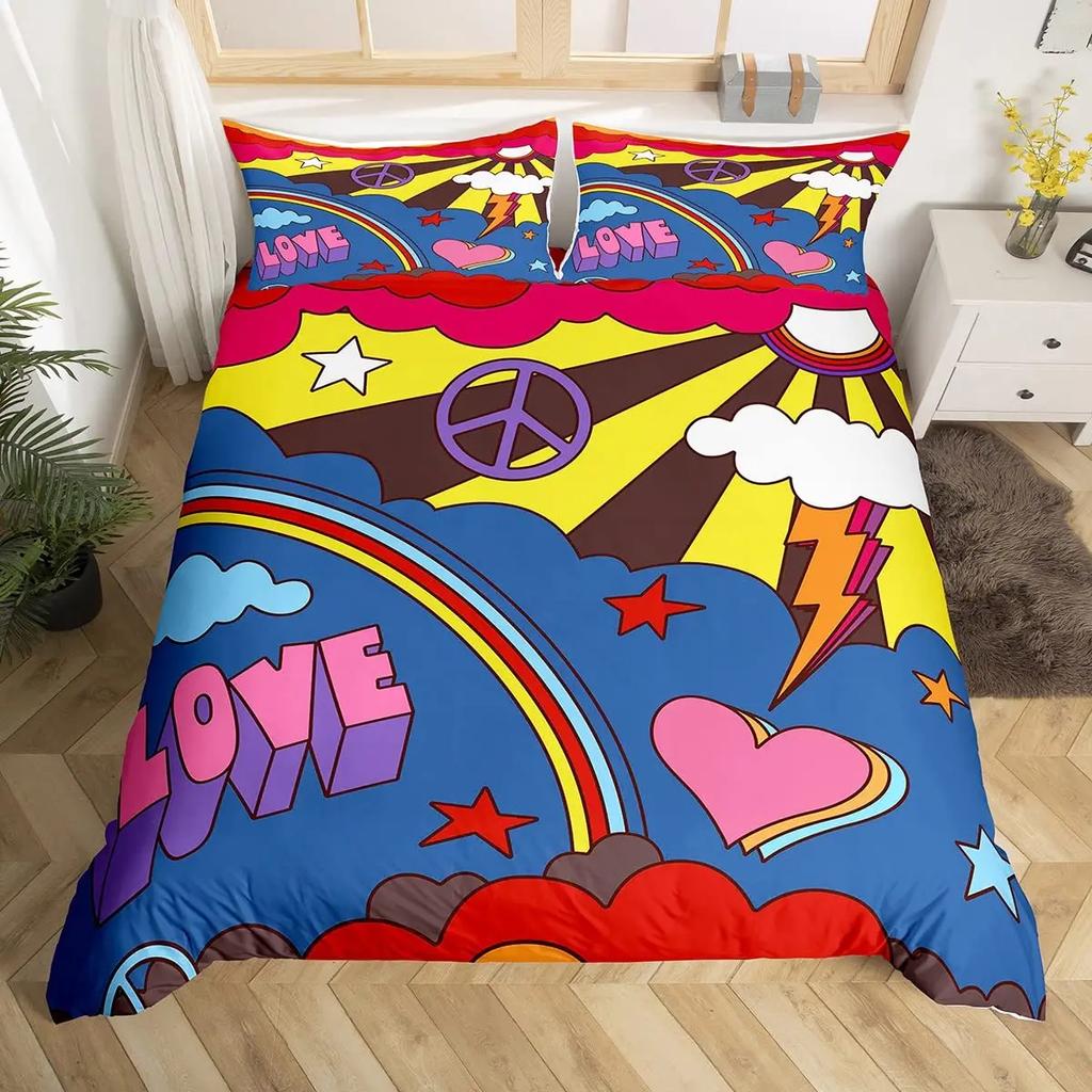 Hippie Flower Duvet Cover Set Boho Mandala Bedding Set Microfiber Groovy Flowers Comforter Cover King for Girls Women Room Decor
