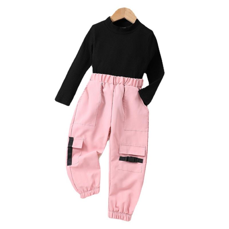 Autumn Children Clothing Knitted Pullover Top + Fashion Cargo Elastic Waist Long Pants Set