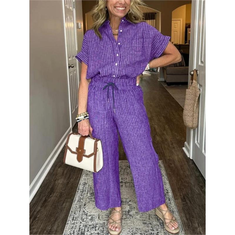 Classic Spring Autumn Striped Printed Short Sleeve Shirt Set Retro Casual Loose Waist Trousers Women's Suit