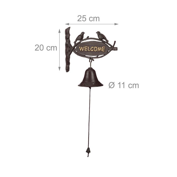 Relaxdays cloche sonnette fonte welcome style antique lettres d’or enseigne oiseaux porte maison &amp; jardin, brun foncé