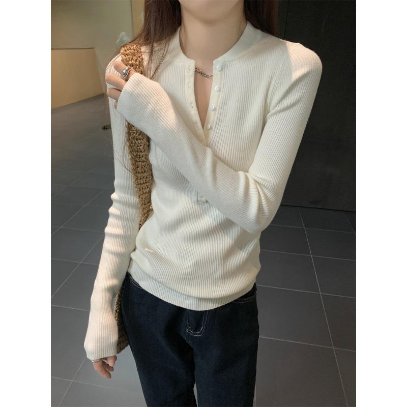 Spring single-breasted slim-fit pit strip knitted sweater women's crew neck pullover long-sleeved top Lazy wind bottoming shirt