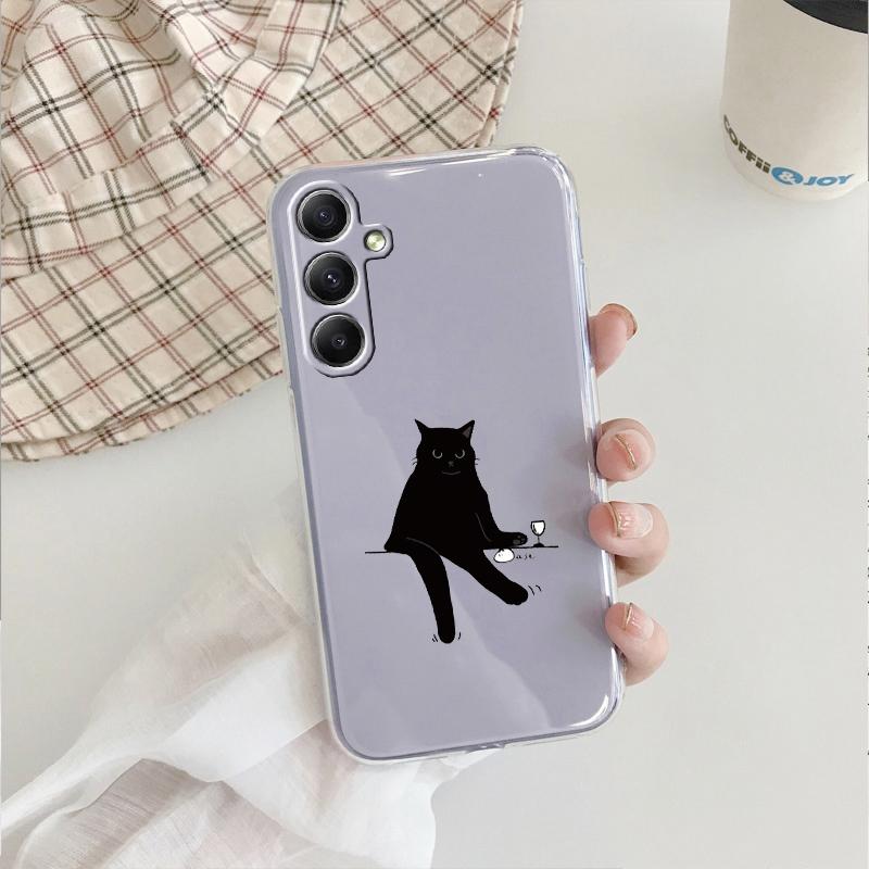 Husă din silicon cu pisică neagră drăguță, moale, transparentă, pentru Xiaomi Redmi Note 13 14T 15 Samsung A55 A35 S24 iPhone 15 Huawei Honor Camera de protecție antișoc
