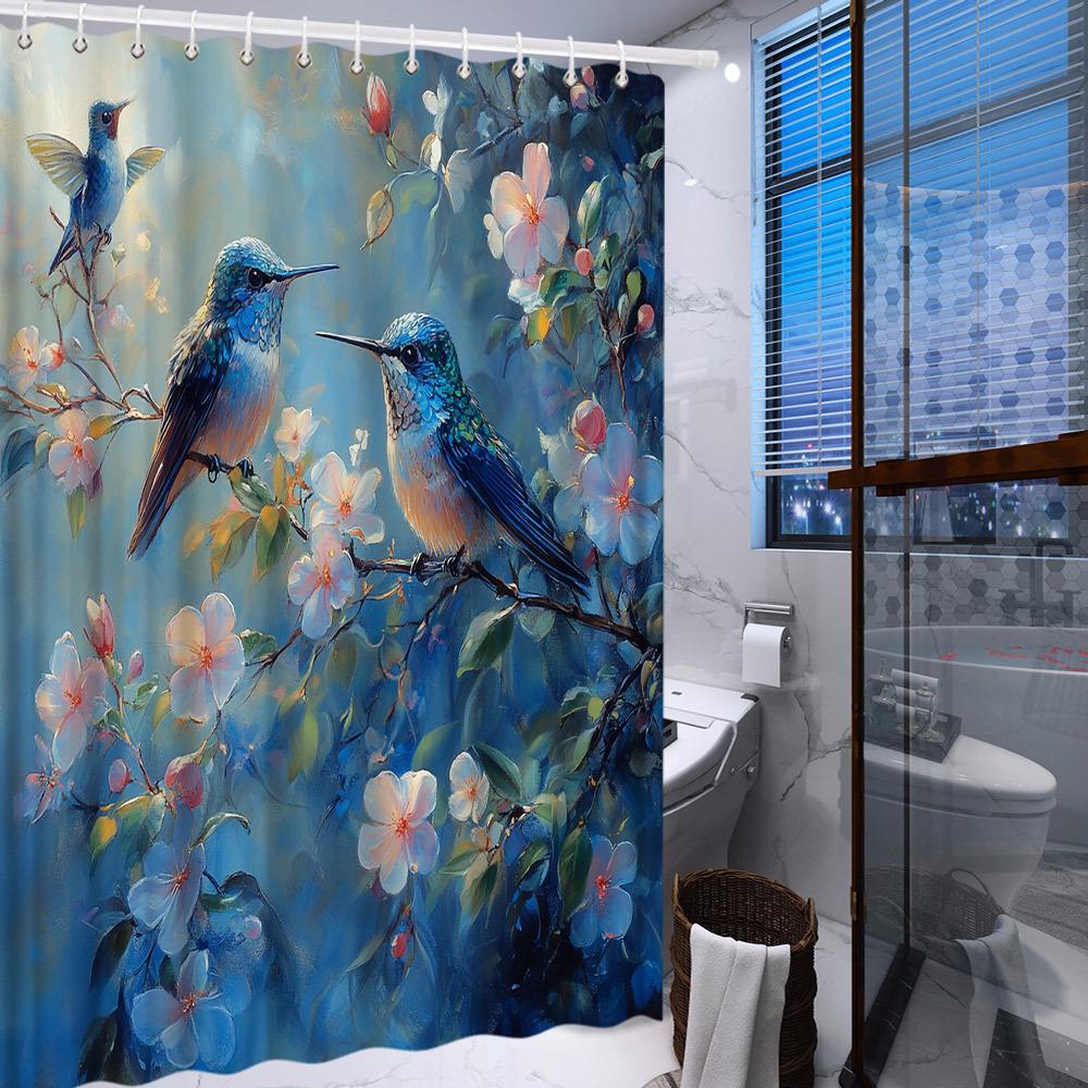 1 Stück Kolibri & Blüte Duschvorhang - Lebhafter Polyesterstoff mit irisierenden Federn & impressionistischen rosa/weißen Blüten