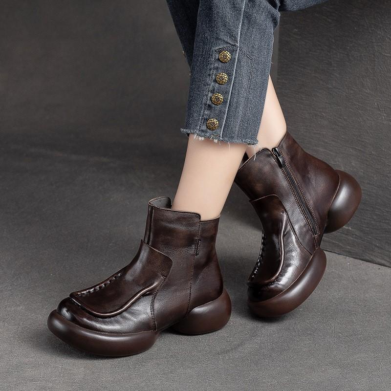 Fashion GKTINOO Round Toe Short Boots 2025 Autumn Winter Warm Genuine Leather Zip Retro Versatile Women Soft Sole Platform Shoes