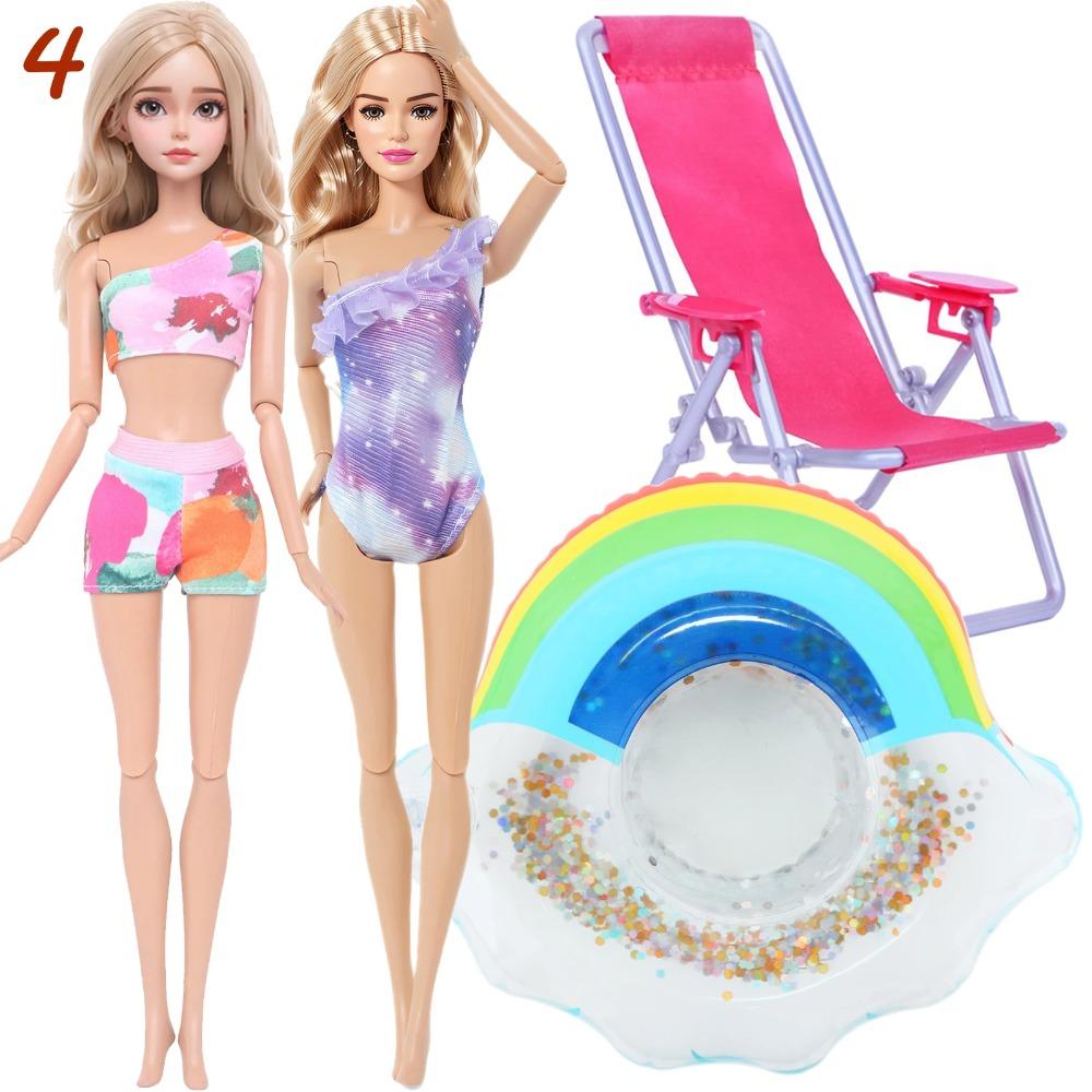 4 Przedmioty Akcesoria do Kostiumów Kąpielowych dla Lalki 2x Kostium Kąpielowy Bikini 1x Leżak Plażowy 1x Nadmuchiwany Koło do Pływania 30CM Ubranka dla Lalki 11,8 Calowa Zabawka Lalka