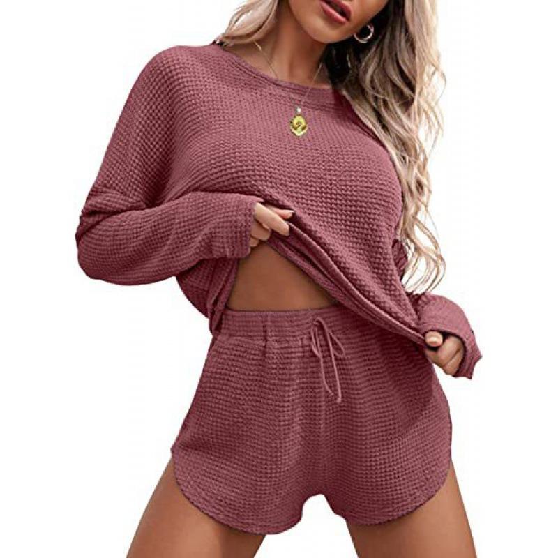 2026 Women Knit Pajama Set, Long Sleeve Top & Shorts, Casual Loungewear Home Sportswear