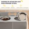 Erhöhte Futterstation mit 2 Näpfen und Schrank, MDF, Edelstahl, Knochenmuster, Grau