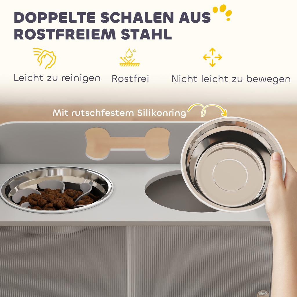 Erhöhte Futterstation mit 2 Näpfen und Schrank, MDF, Edelstahl, Knochenmuster, Grau