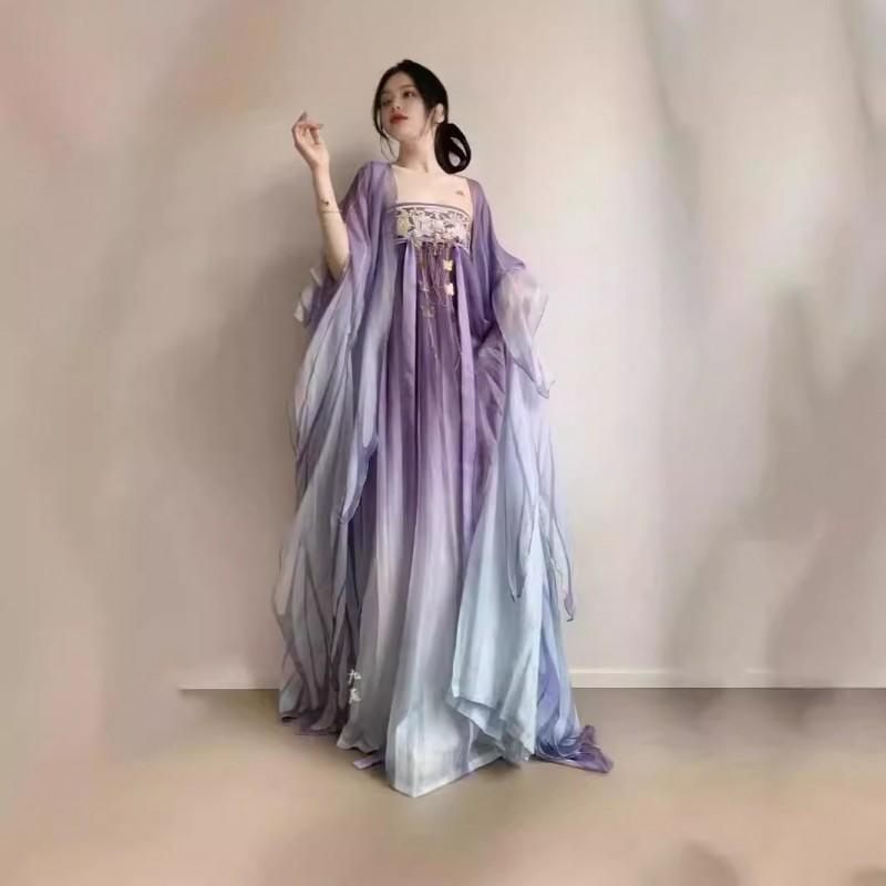 Womens Tang Dynasty Style Hanfu Set With Embroidered Butterfly Wide Sleeve Top Skirt Scarf