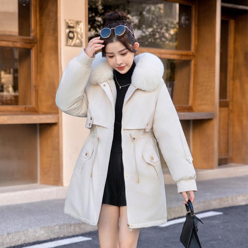 

Пирог большого размера превосходит женскую одежду средней и большой длины с хлопковой подкладкой, зимняя новая корейская версия модной одежды с хлопковой подкладкой, с начесом и утолщением 4XL бежевый