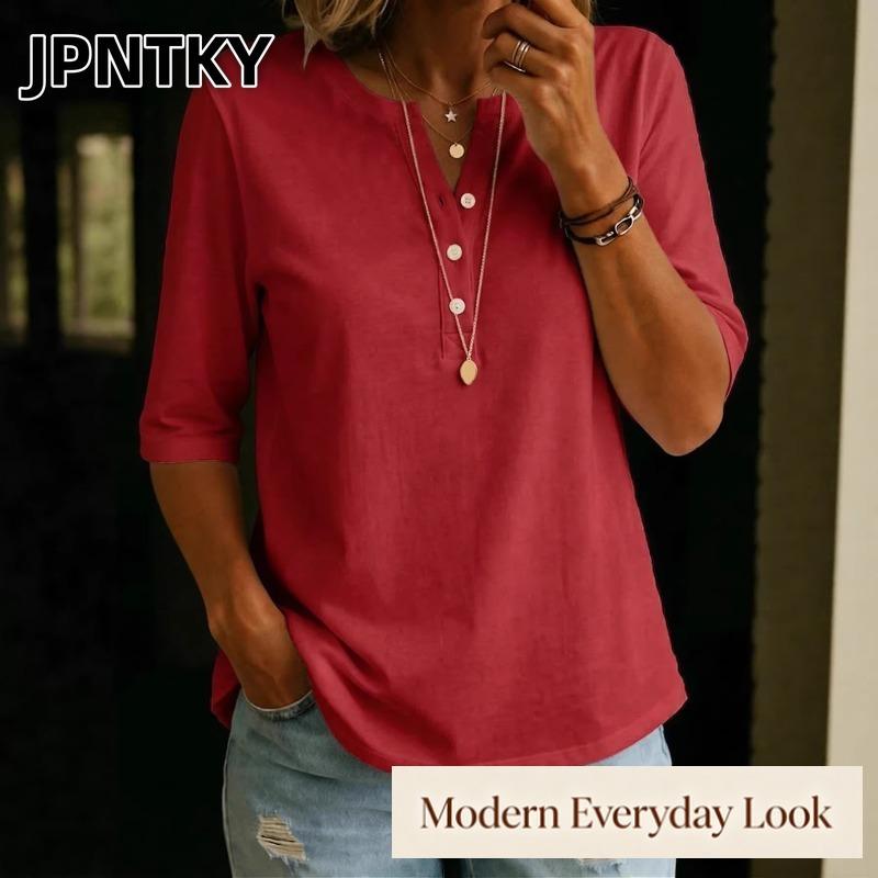 JPNTKY Women's Fashion Casual Solid Color Print Short Sleeve V Neck Blouses & Shirts