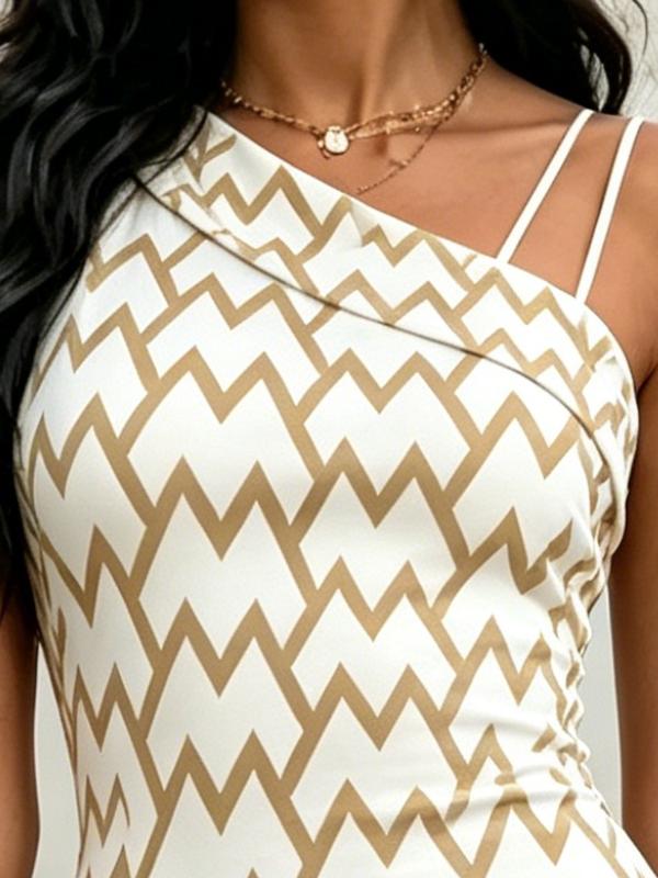Summer Women's One Shoulder Midi Dress Chevron Print White Bodycon Sundress