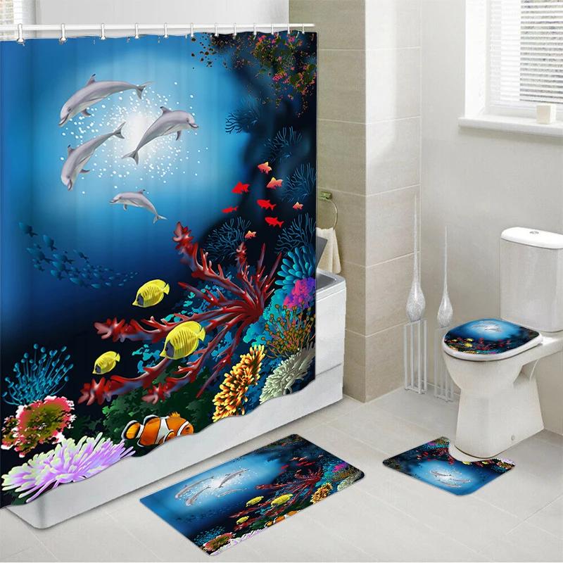 Dolphin Bathroom Decor Waterproof Shower Curtain Set Toilet Seat Cover Non-Slip Bath Mat Rug Carpet Polyester Fabric Washable