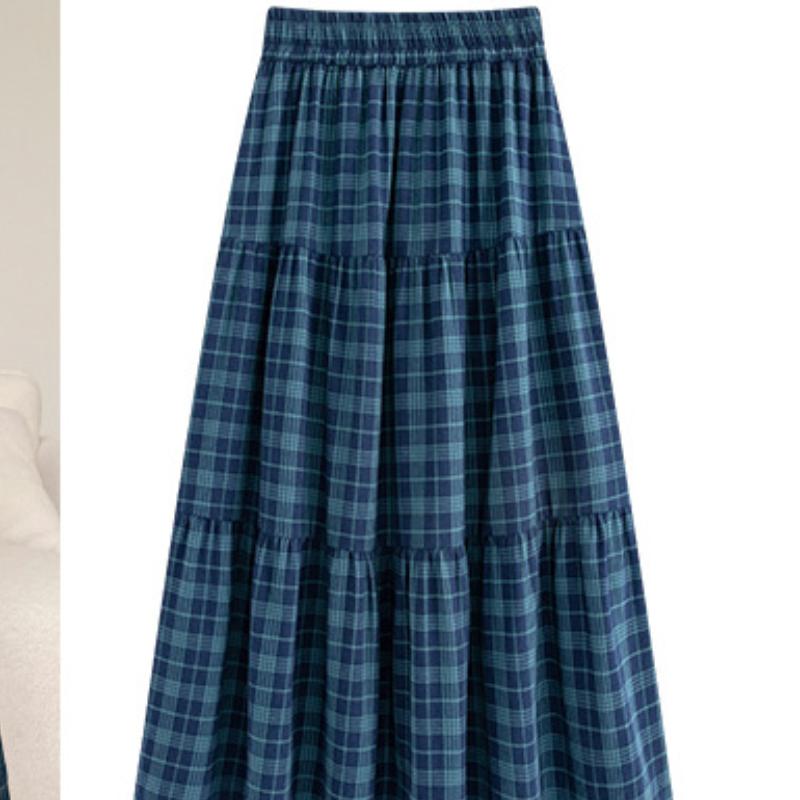Reiner Baumwoll-Karorock für Damen Sommer Neu Slim Retro A-Linien-Schirmrock Mittellang College-Stil Kuchenrock