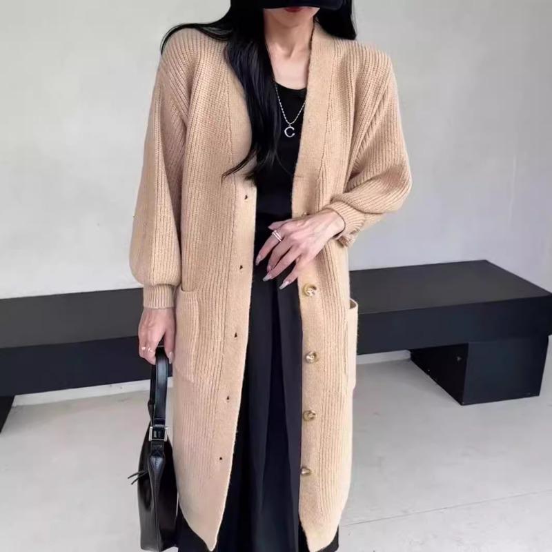 Autumn new solid color loose lazy wind pocket knitted cardigan long casual sweater jacket women