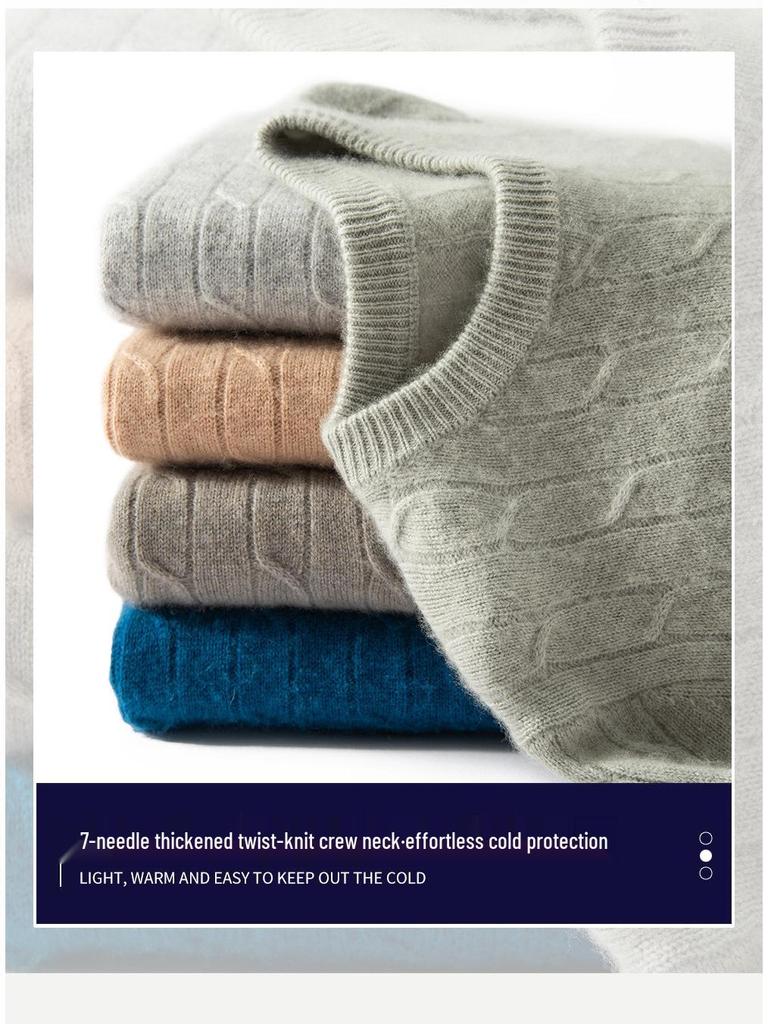 Men's Cashmere Crew Neck Sweater - Thick Cable Knit, Business Casual Loose Fit.