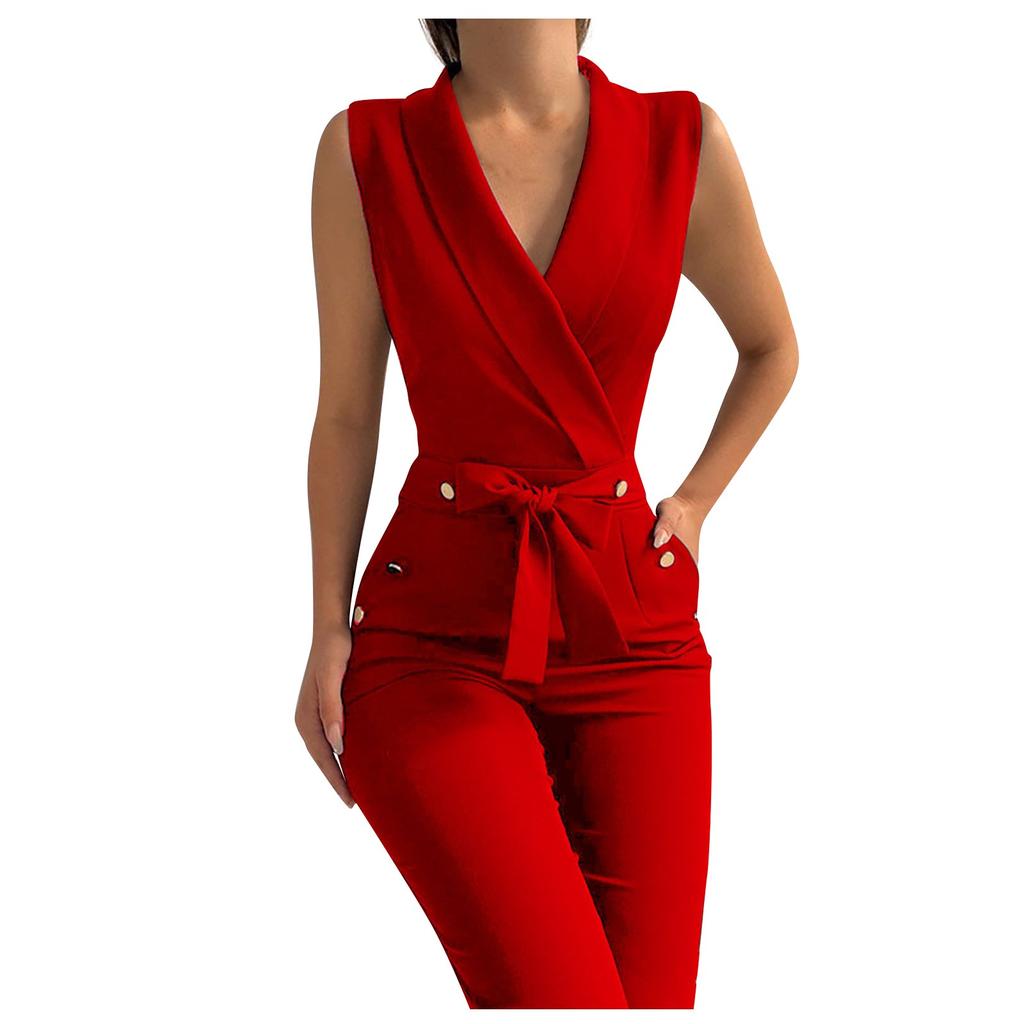 Womens Fashion Color T Wist Button V-Neck Sleeveless Slim Fit Business Jumpsuit