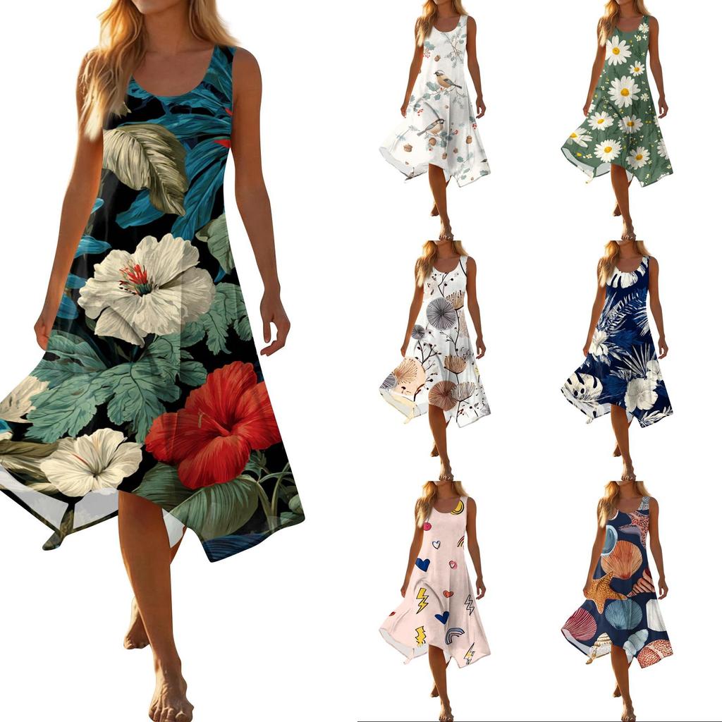 Women Sleeveless Floral Print Casual Dress V Neck Irregular Hem Mid Length Summer Dress Lightweight Comfortable Fabric