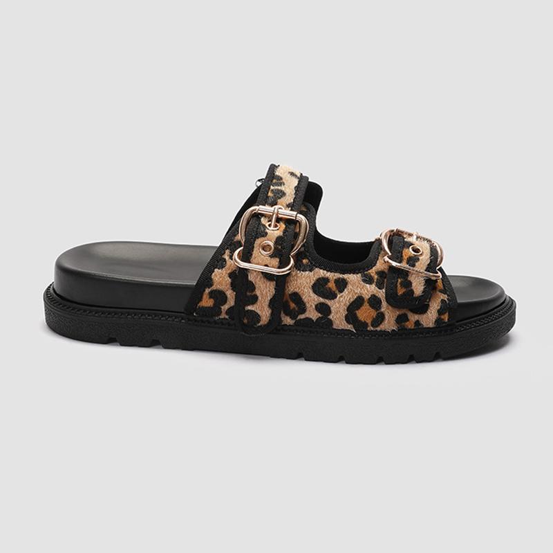 Fashion casual design women leopard slippers platform summer slides shoes double belt leopard furry flip flops women sandalias size 43