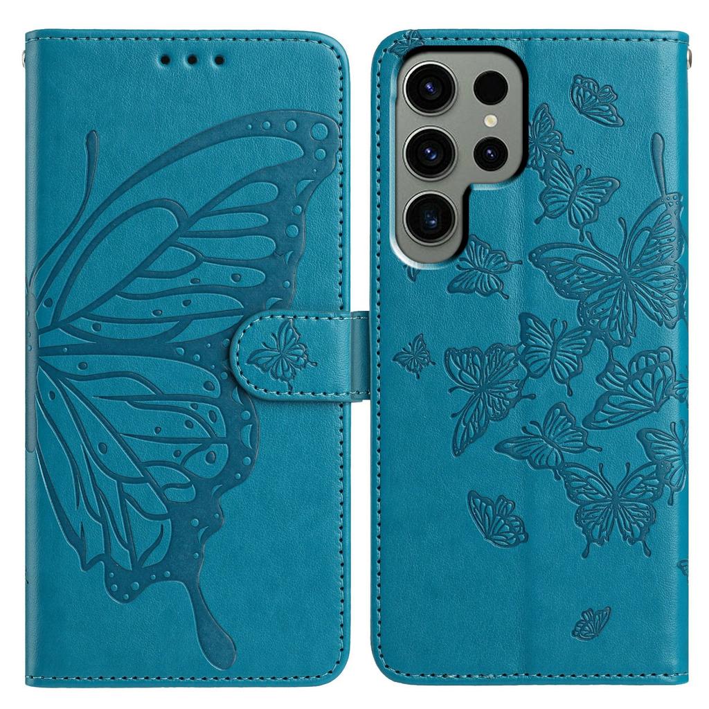 For Samsung Galaxy S24 Ultra Case Butterfly Imprinted Wallet Stand PU Leather Flip Phone Cover with Strap