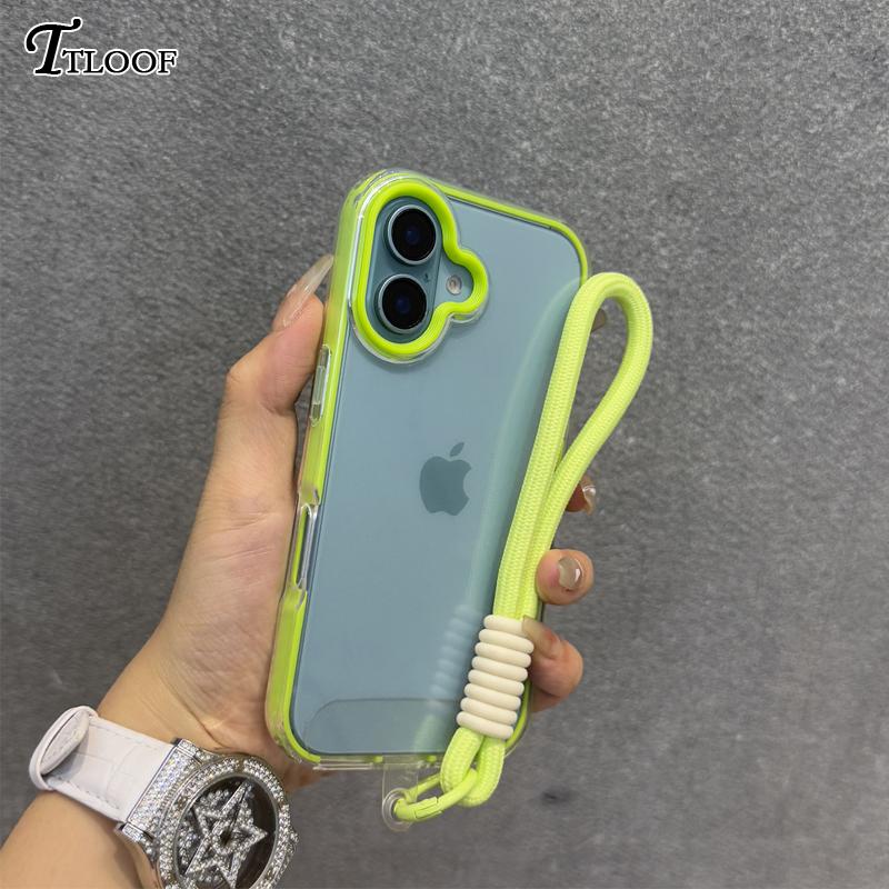 2in1 Clear With Wrist Strap lanyard Phone Case For iPhone 11 12 13 14 15 16 Pro Max Plus Shockproof Bumber Soft TPU Cover
