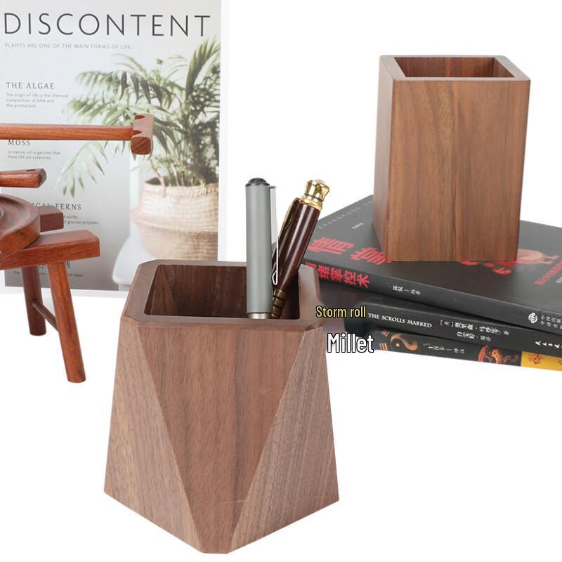 Black Walnut Wooden Square Desk Pen Holder