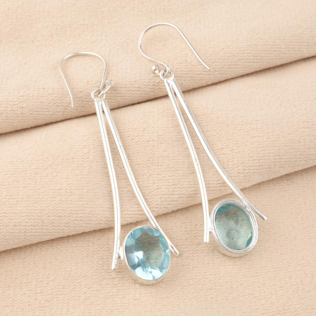 Natural Sky Blue Topaz Gemstone 925 Sterling Silver Handmade Long Earrings 2.63" EE-136-1