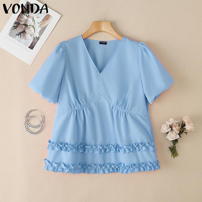 VONDA Women V Neck Short Sleeve Slim Waist Ruffled Casual Blouse