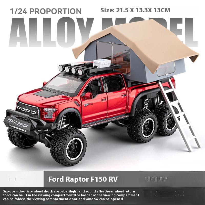 1:24 Ford Raptor F150 Camping RV Off Road Pickup Truck Alloy Metal Diecast Model Car Sound & Light Toys Gifts For Kids C336
