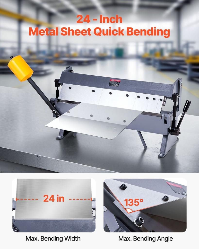 Box and Pan Brake, 610 mm/24 inch Sheet Metal Bending Brake,16-Gauge Mild Steel Capacity, 0-135 Degree Adjustable, Metal Bender Machine with 5