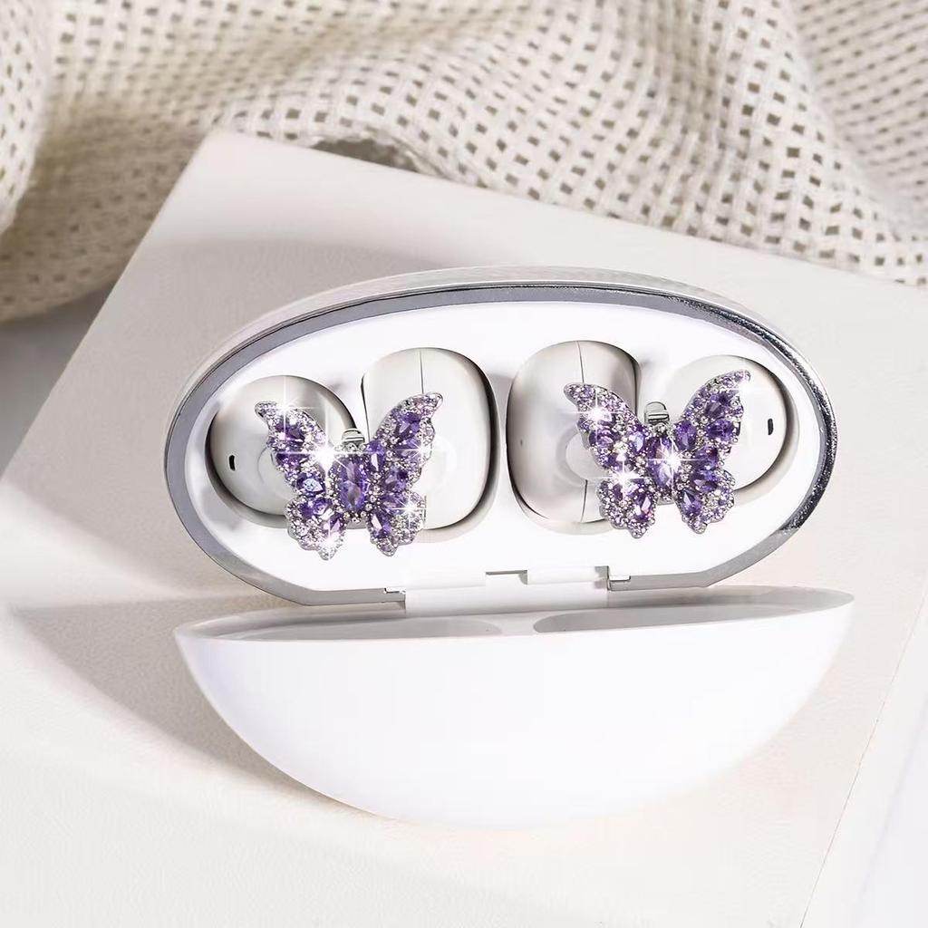 Earbuds FreeClip Borboleta Diamante Clipe de Orelha: Brinco Feminino Elegante, Luxuoso, de Alta Classe