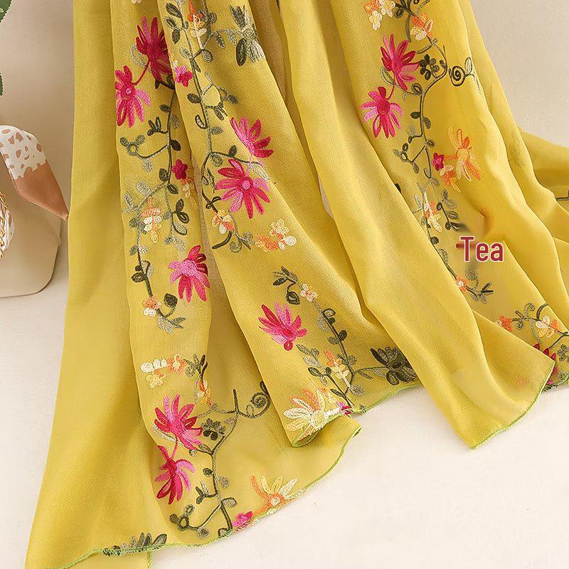 Ethnic Style Embroidered Cotton-Linen Scarf: Thin, Breathable, Fashionable Sun Protection; Wear as Head Wrap or Shawl.