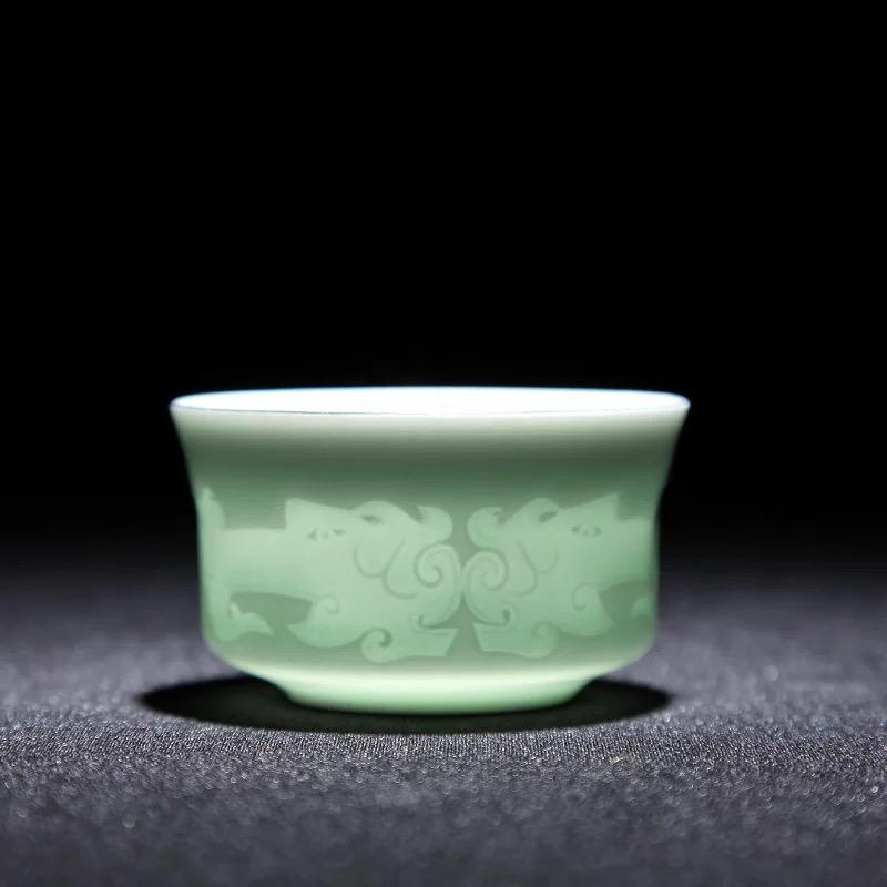 Ceramic Hand-Carved Lotus Dragon Teacup Jingdezhen Celadon Master Tea Cups 100ML