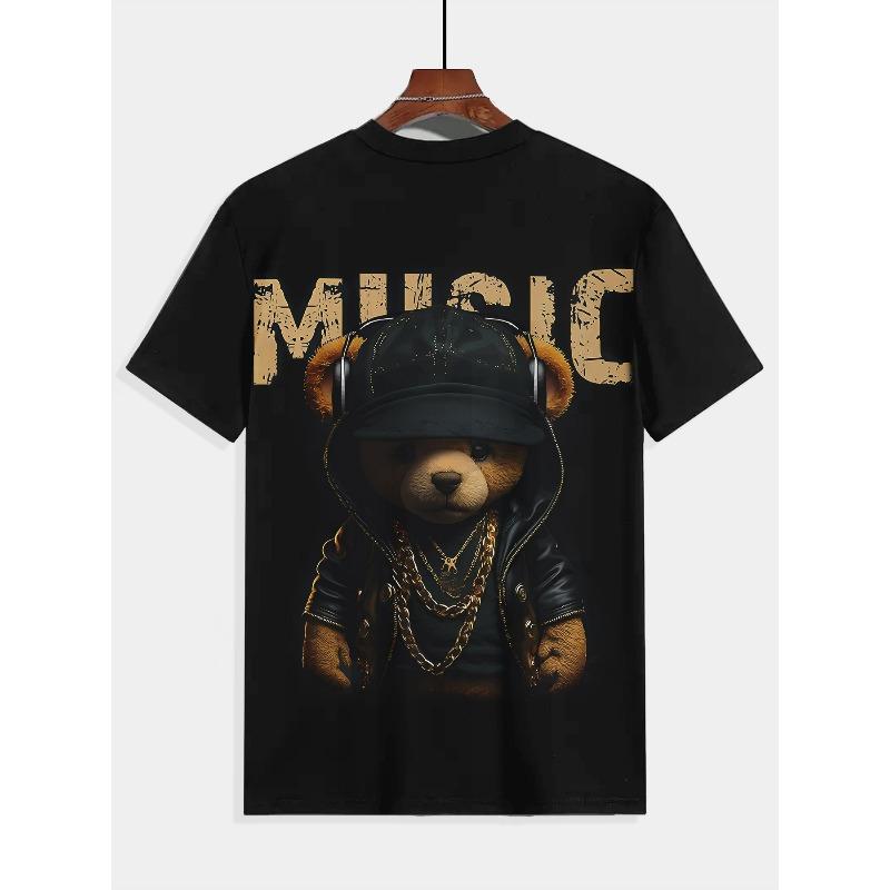 T-shirt d'été pour homme, taille européenne, pour le sport en extérieur, avec un design élégant et confortable à col rond et un motif d'ours noir et doré en 3D