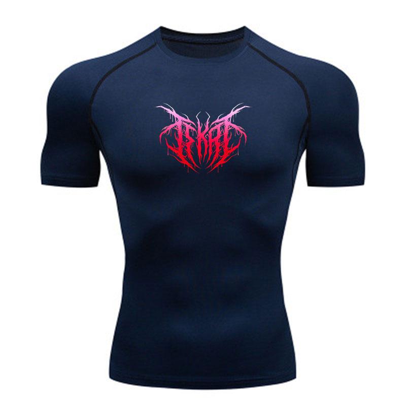 Men's Compression Workout T-shirt, Gothic Red Pink Thorn Print Quick Dry Athletic Short Sleeve Shirt for Gym Running Training Sports Wear