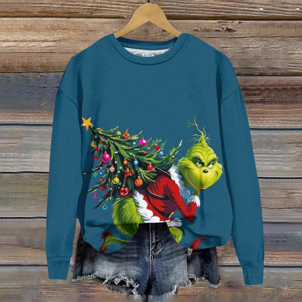 Hanorac sport casual de damă cu mânecă lungă și gât rotund, cu imprimeu Greentown de Crăciun