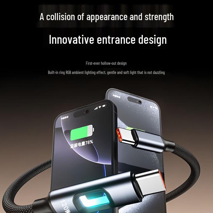 Hollow RGB Type-C 120W Super Flash Charge Cable, 6A Fast Charging for Apple & Huawei.