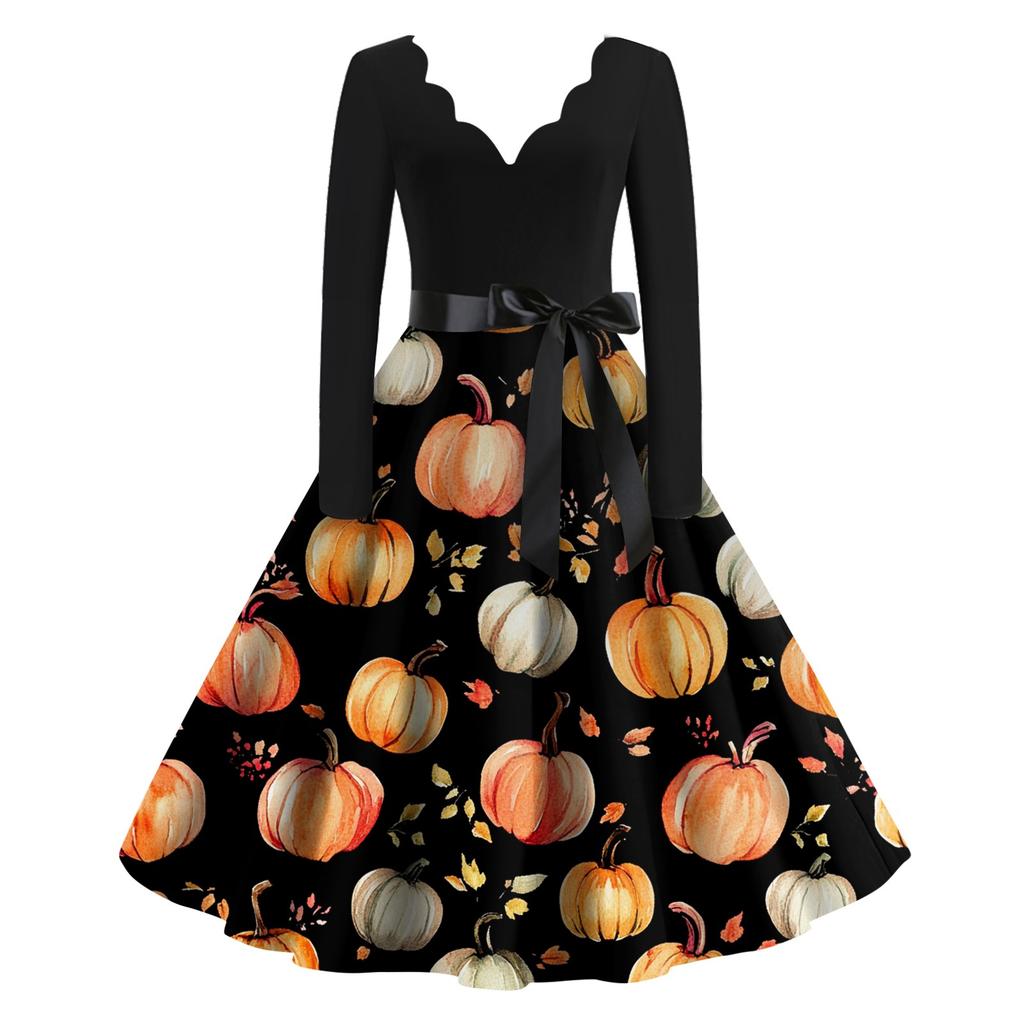 Kvinners uformelle mote Halloween trykt V-hals vintage kjole