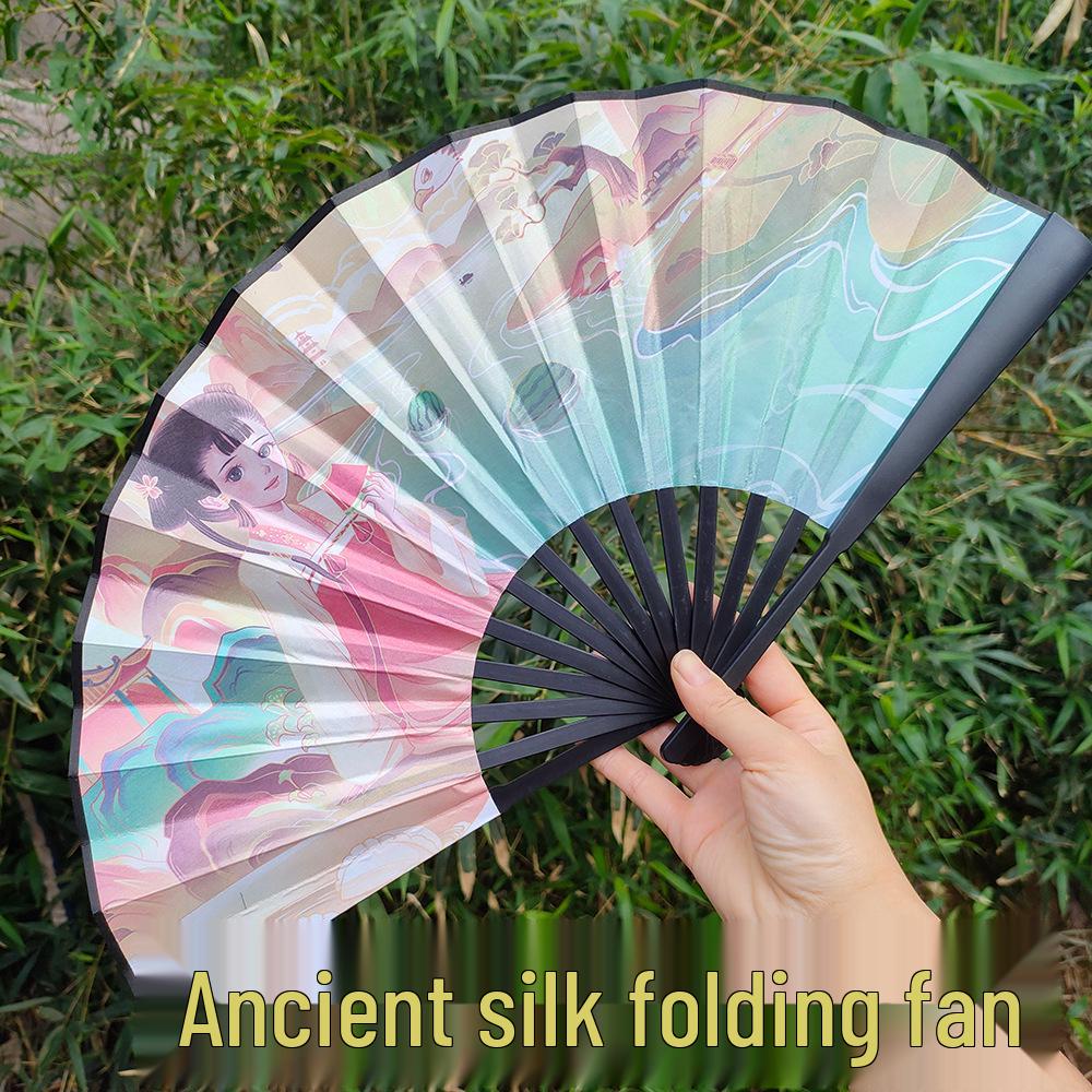 Ancient Style 8-Inch Folding Plastic Fan with Tassel for Men's Hanfu Dance