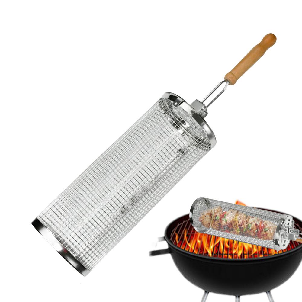 Rolling Grilling Baskets Grilling Net Tube BBQ Rolling Cage Round Mesh Barbecue Cylinder Cage Cooking Accessories for Meat