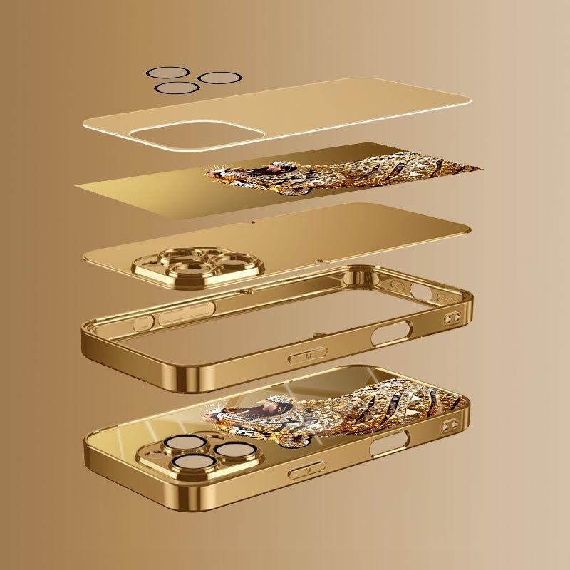 Golden Tiger Diamond Pattern Metallic Tempered Glass Phone Case For iPhone 11 12 13 14 15 16 17 18 Pro Max Plus 17 Air 16E Cover