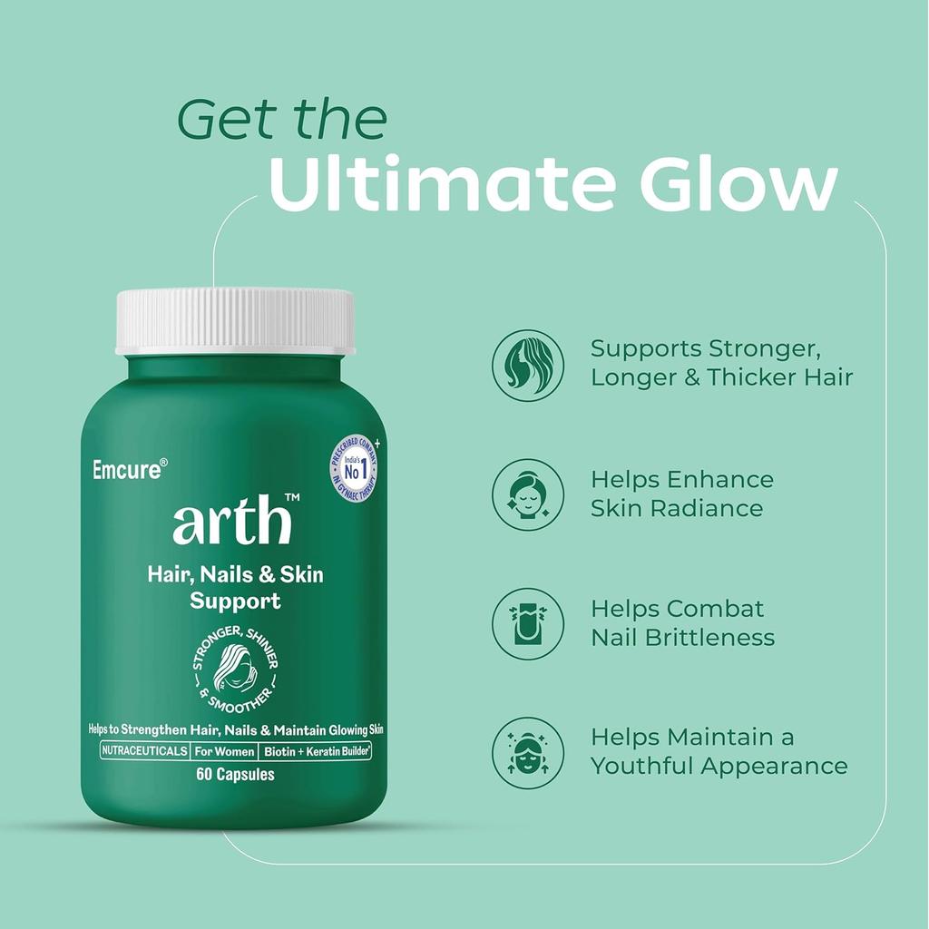 Arth Biotin Capsules for Hair Growth with Keratin & Hyaluronic Acid | Strengthens Hair Skin Nails | 60 Veg Capsules Daily Care